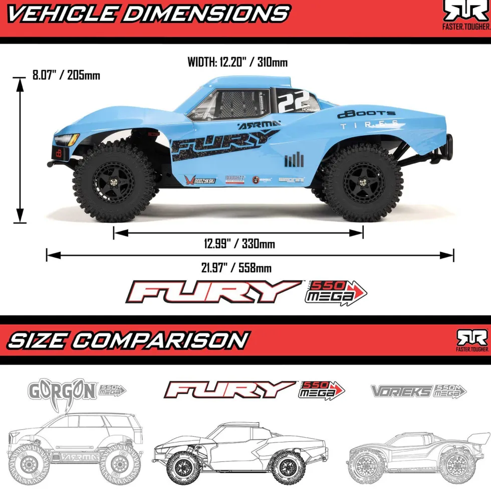 Arrma Fury Mega 550 2WD Short Course Truck RTR 1:10 (mit Akku & Ladegerät) Rot