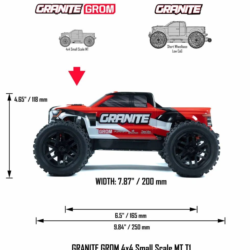 Arrma Granite Grom Mega 380 Brushed 4X4 Monster Truck RTR 1:18 (mit Akku + Lader) rot/weiß