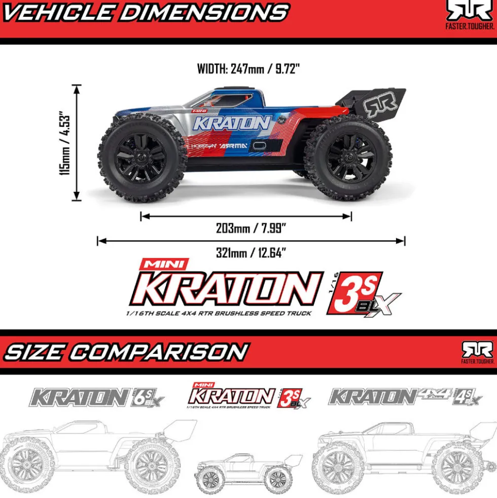 Arrma Mini Kraton 3S DSC 4X4 RTR Brushless Speed Truck 1:16 Schwarz/Rot