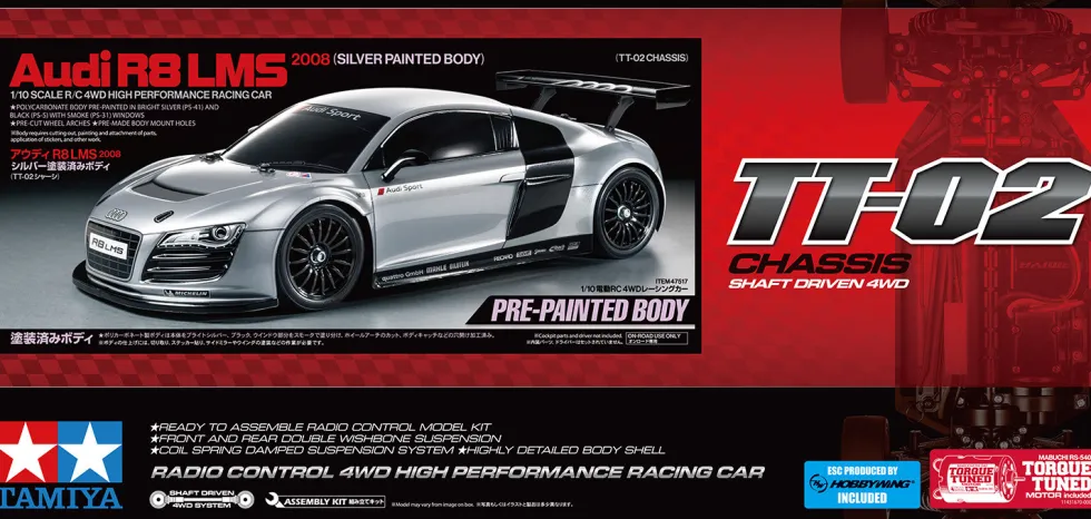 Tamiya 47517 Audi R8 LMS 2008 (TT-02) Bausatz 1:10 Silber vorlackiert